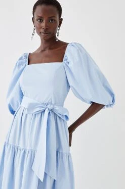 Coast Puff Sleeve Belted Cotton Tiered Midi Dress -Simply Feminine Shop bcc05171 light20blue xl 2