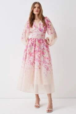 Coast Organza Floral Placement Lace Trim Midaxi Dress -Simply Feminine Shop bcc05182 blush xl 2