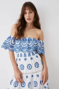Coast Bardot Trim Detail Tiered Broderie Midi Dress