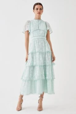 Coast Petite Tiered Lace Dress With Flutter Sleeve & Trims
