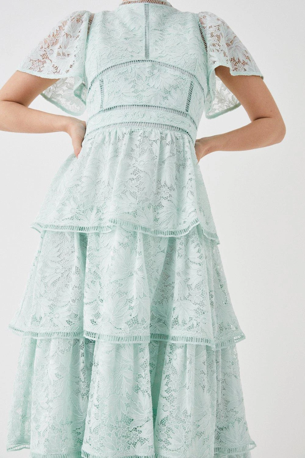 Coast Petite Tiered Lace Dress With Flutter Sleeve & Trims 4 Coast Petite Tiered Lace Dress With Flutter Sleeve & Trims - Image 2