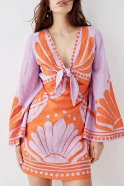 Coast Linen Tie Front Applique Embroidered Mini Dress 8 Coast Linen Tie Front Applique Embroidered Mini Dress -Simply Feminine Shop bcc05268 orange xl 2