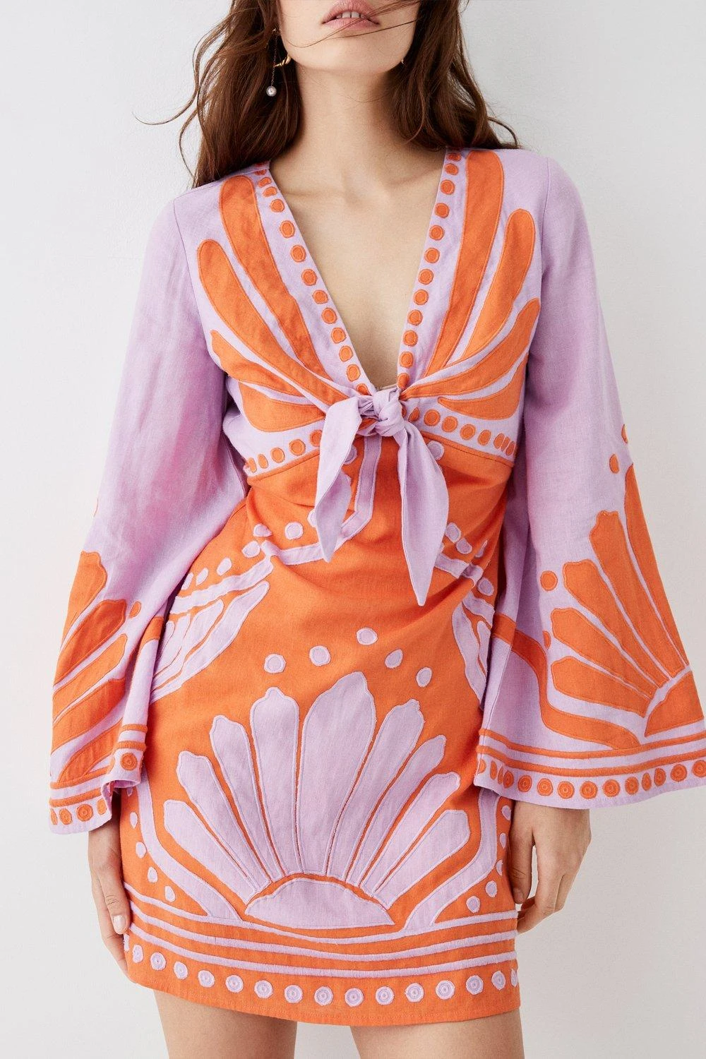 Coast Linen Tie Front Applique Embroidered Mini Dress 5 Coast Linen Tie Front Applique Embroidered Mini Dress - Image 3