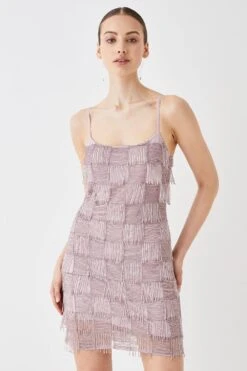Coast Hand Embellished Fringe Check Mini Dress