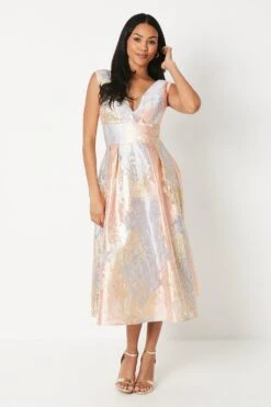 Coast Plunge Neck Metallic Jacquard Midi Dress