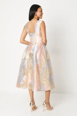 Coast Plunge Neck Metallic Jacquard Midi Dress -Simply Feminine Shop bcc05348 rose20gold xl 2