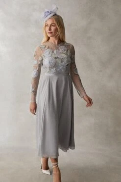 Coast Premium Hand Embellished Chiffon Applique Midi Dress