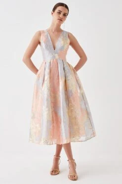 Coast Petite Plunge Neck Metallic Jacquard Midi Dress