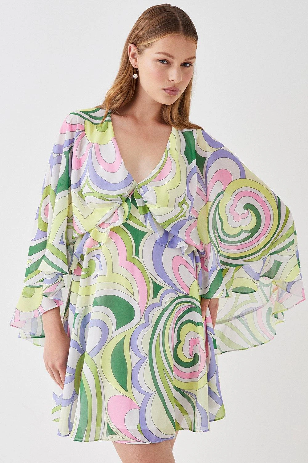 Coast Printed Cape Sleeve Frill Mini Dress 3 Coast Printed Cape Sleeve Frill Mini Dress