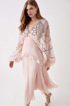 Coast Hand Embellished Cape Sleeve Flowing Midi Dress
