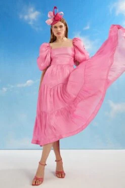 Coast Lisa Tan Glossy Organza Tiered Midi Dress