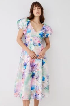 Coast Puff Sleeve Jacquard Midi Dress