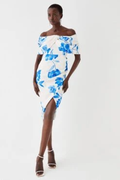 Coast Petite Satin Jacquard Bardot Pencil Dress