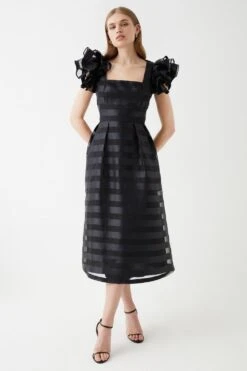 Coast Frill Shoulder Stripe Organza Midi Dress