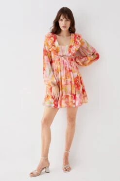 Coast Printed Tie Back Ruffle Detail Mini Dress -Simply Feminine Shop bcc05748 peach xl 2