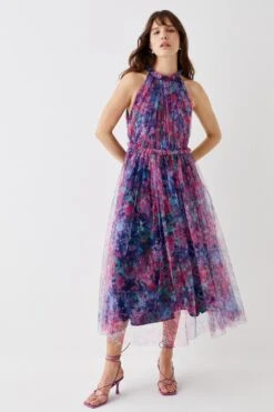 Coast Printed Mesh Frill Neck Midi Dress -Simply Feminine Shop bcc05773 pink xl 2