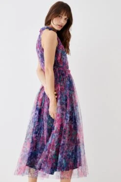 Coast Printed Mesh Frill Neck Midi Dress -Simply Feminine Shop bcc05773 pink xl 4