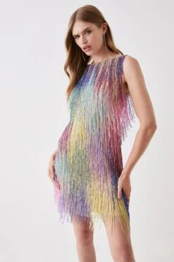 Coast Mini Rainbow Embellished Fringe Dress